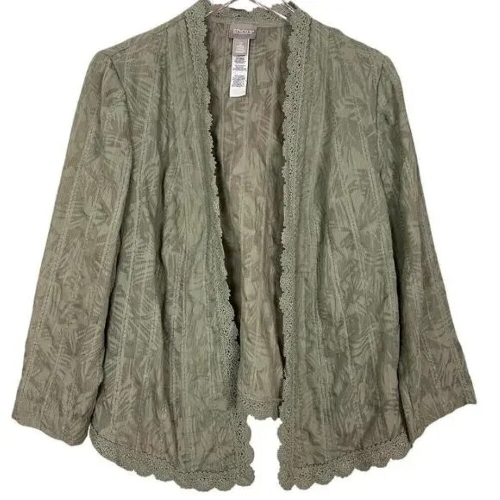 Chicos Sage Green Textured Lace Trim Open Cardigan Lightweight Jacket Size 2